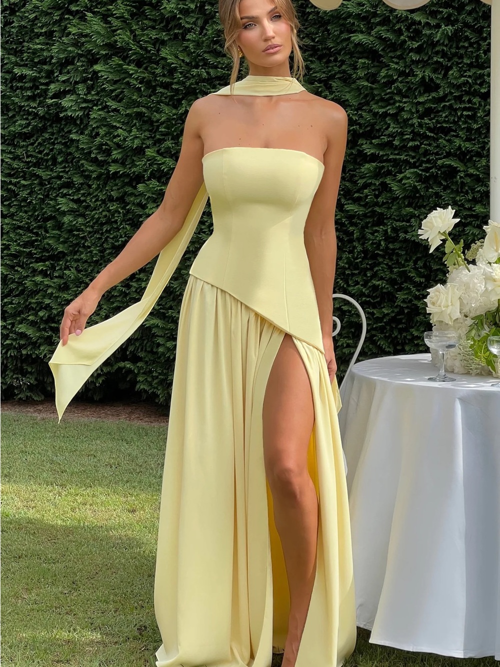 Strapless Pale Yellow Evening Gown with High Slit